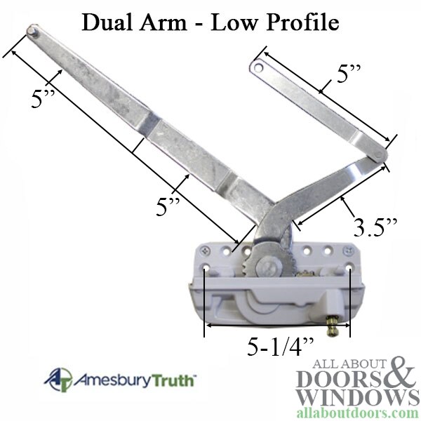 Dual Arm Low Profile Casement window operator for Weather Shield windows in Stainless Steel Dimensions